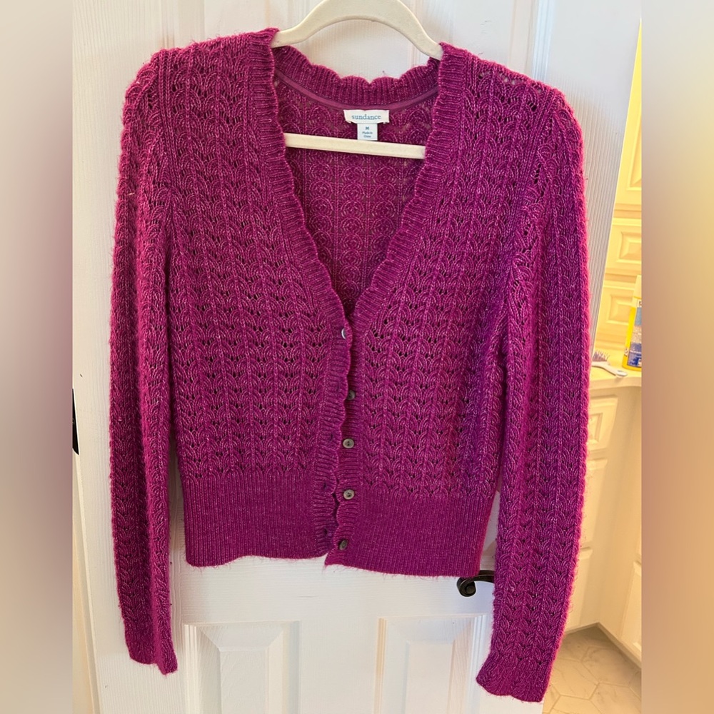 Sundance Catalog Cropped Fuscia “Leanna Pointelle Cardigan” size M